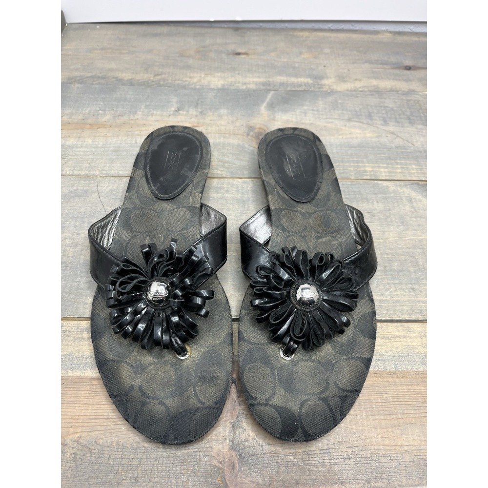 Womens Coach Skye Leather Strapped Thong Sandals Size 9 Black